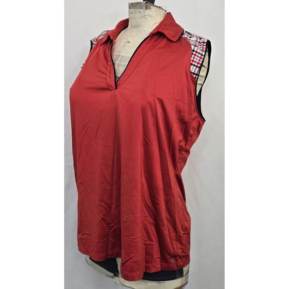 IZOD Golf Womens L Sleeveless Polo Shirt Plaid Trim V Neck Performance Orange - Picture 1 of 11